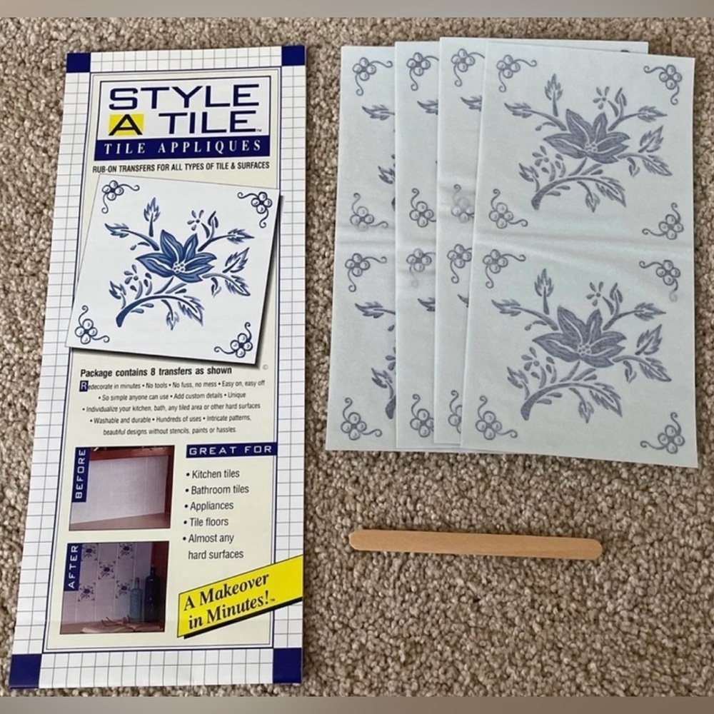STYLE A TILE APPLIQUES Rub On Set of 8 Flower Transfers Arts & Crafts Upcycles